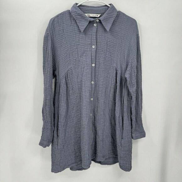 Zara Crinkle Texture Babydoll Tunic Dress Blue Gray‎ Size Medium - Picture 1 of 7